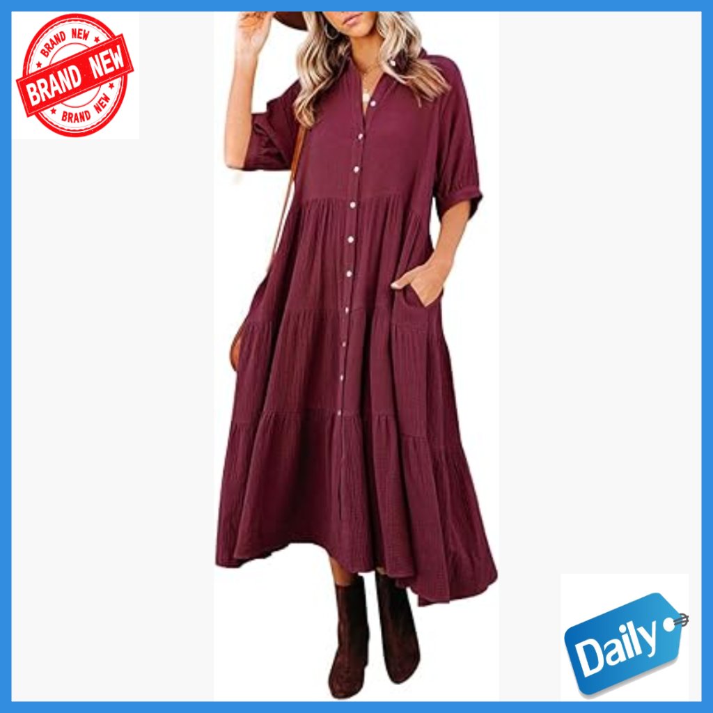 Cotton Midi Dress With Pockets, Button Front, Casual Summer Wear